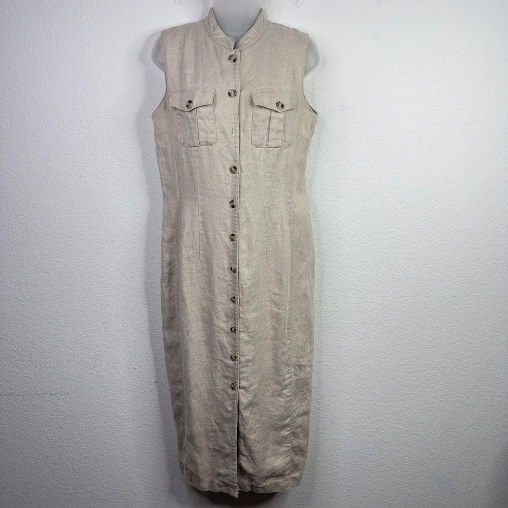 Lord & Taylor Dress Womens 6 Linen Button Safari Coastal Minimalist Neutral Boho